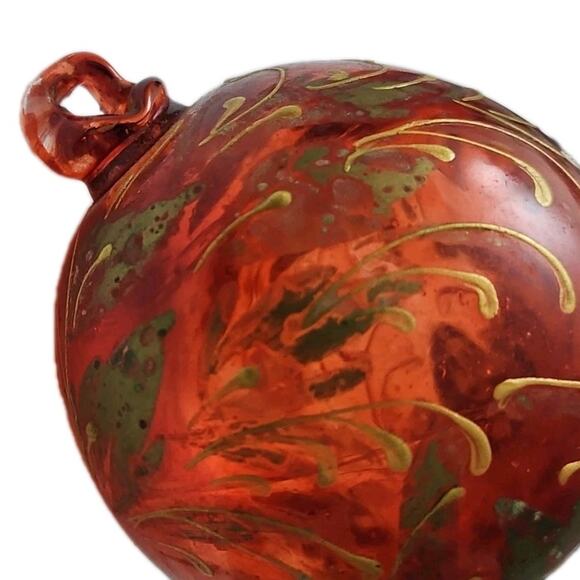 Hand Blown Art Glass Ball Orb 3" Red Ornament Sun Catcher Gold Painted - Picture 15 of 16
